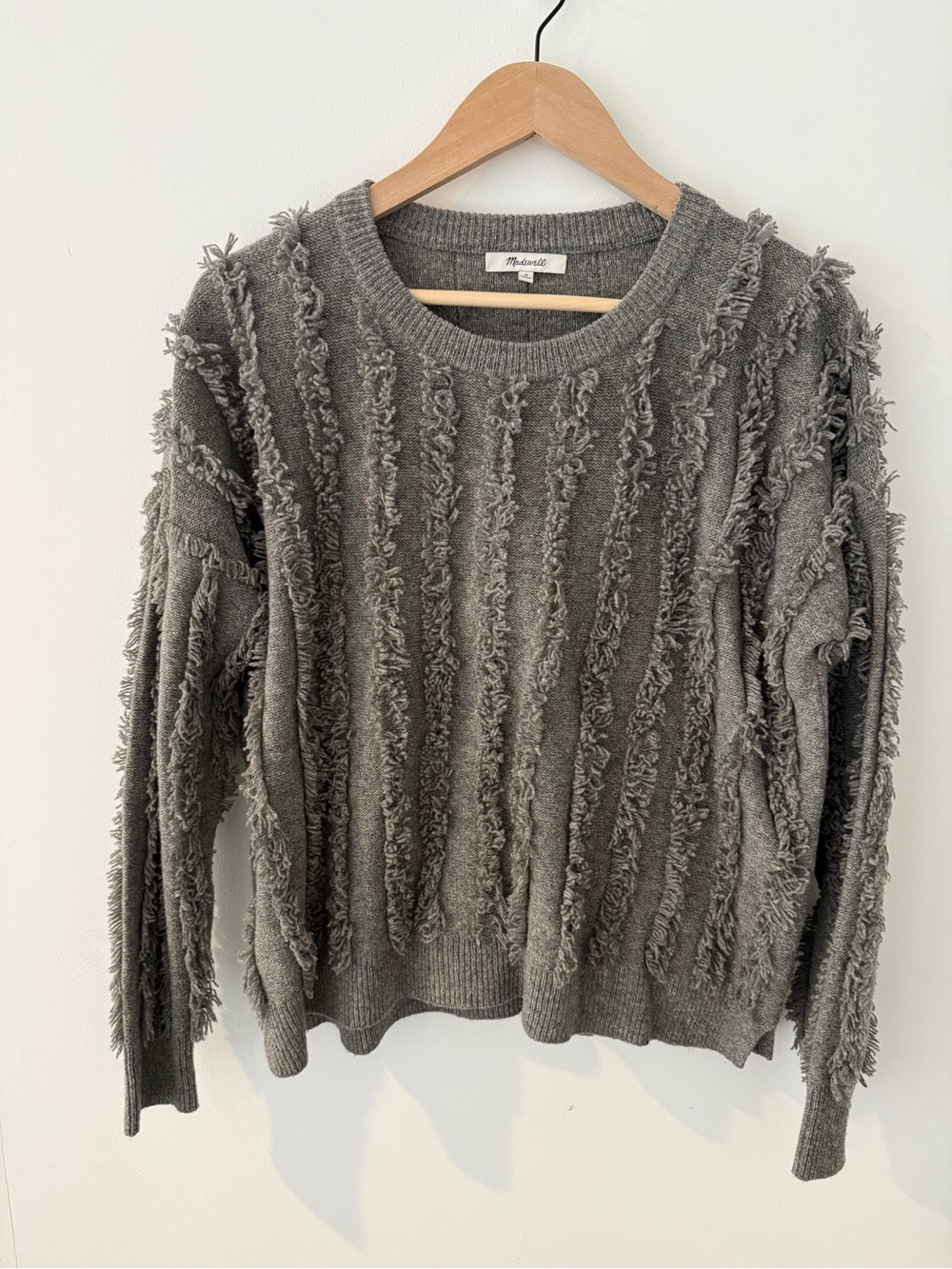 Madewell 100% Merino Wool Heather Gray Textured Fringe Crewneck Sweater